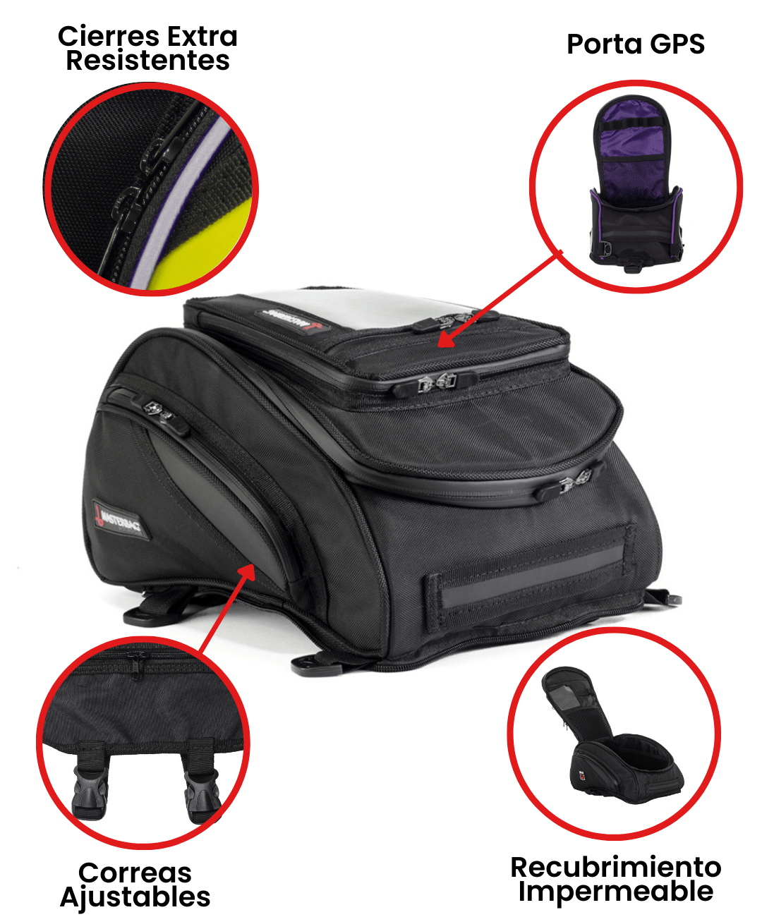 TankBag Medium, resistente y espaciosa, ideal para viajes en moto. Cuenta con porta GPS, cierres seguros, impermeables y alta compatibilidad con diversos modelos sin necesidad de herrajes.