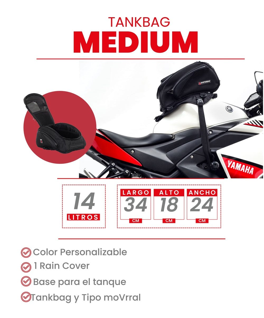 TankBag Medium para motos con 14 litros de capacidad, impermeable, compatible con diversos modelos. Sujeción segura con correas ajustables y sin necesidad de herrajes.