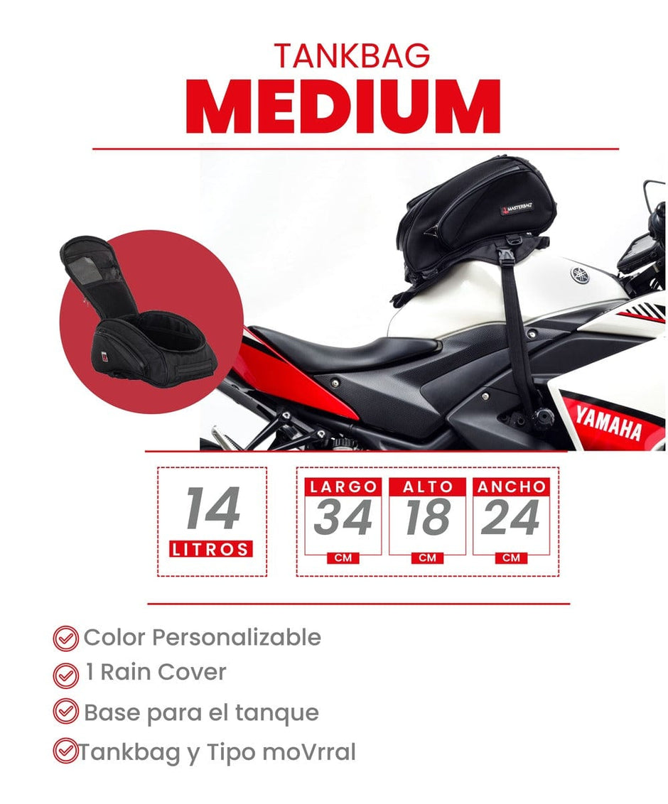 TankBag Medium para motos con 14 litros de capacidad, impermeable, compatible con diversos modelos. Sujeción segura con correas ajustables y sin necesidad de herrajes.